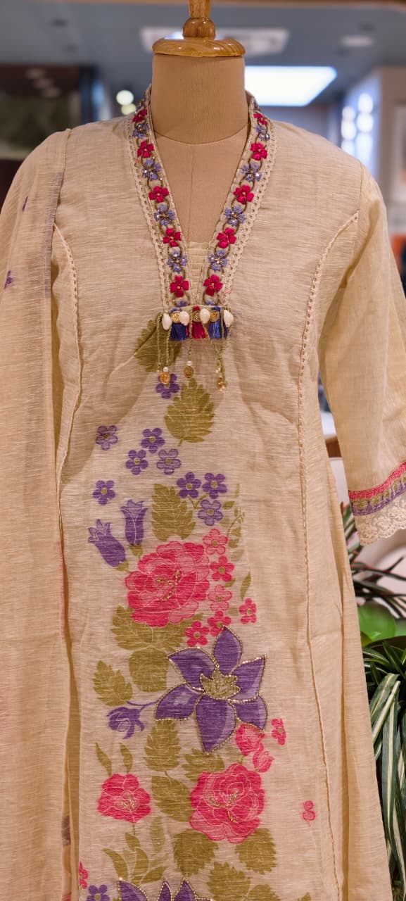 Spring Floral Print With Golden Highlights Crosia Laced A-Lined Full Suit Set With Dupatta Fabric Weaving - 13818