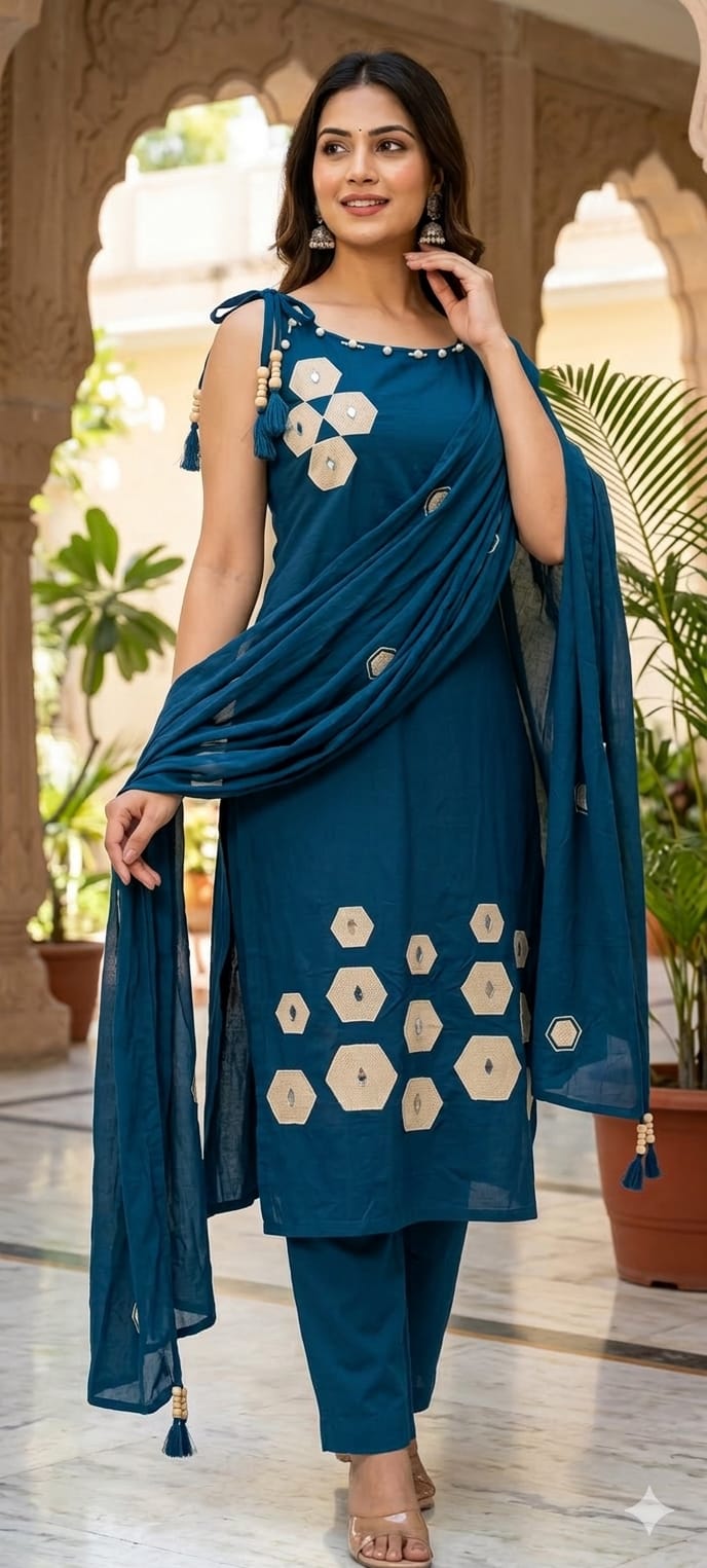 Summer Style Slevless Noodel Strap Cotton Embroidered Full Suit Set 13843