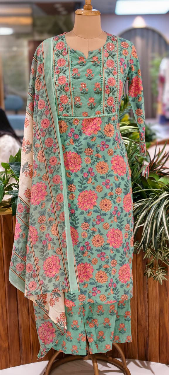 Spring Vibe Complete Floral Print With Minimal Crosia Lined Cotton Full Suit Set With Dupatta