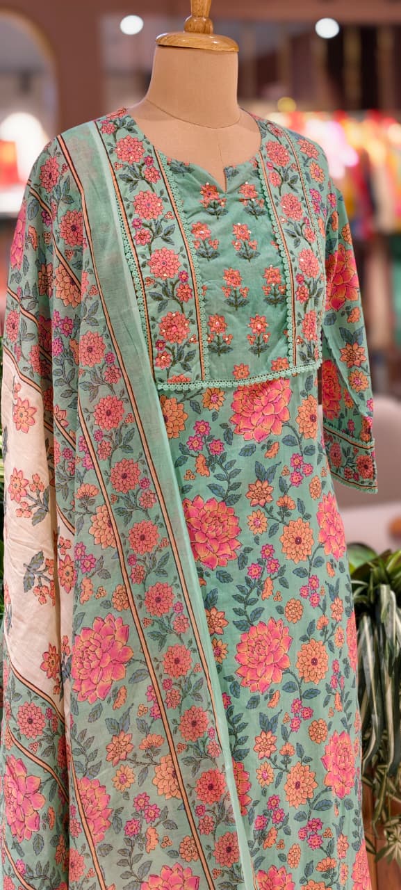 Spring Vibe Complete Floral Print With Minimal Crosia Lined Cotton Full Suit Set With Dupatta