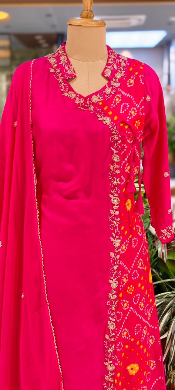 Dola Silk Rani Pink Ethnic Suit Set With Floral Embroidered Neckline Bhandhani Print Angrakha Pattern Full Suit Set 13854