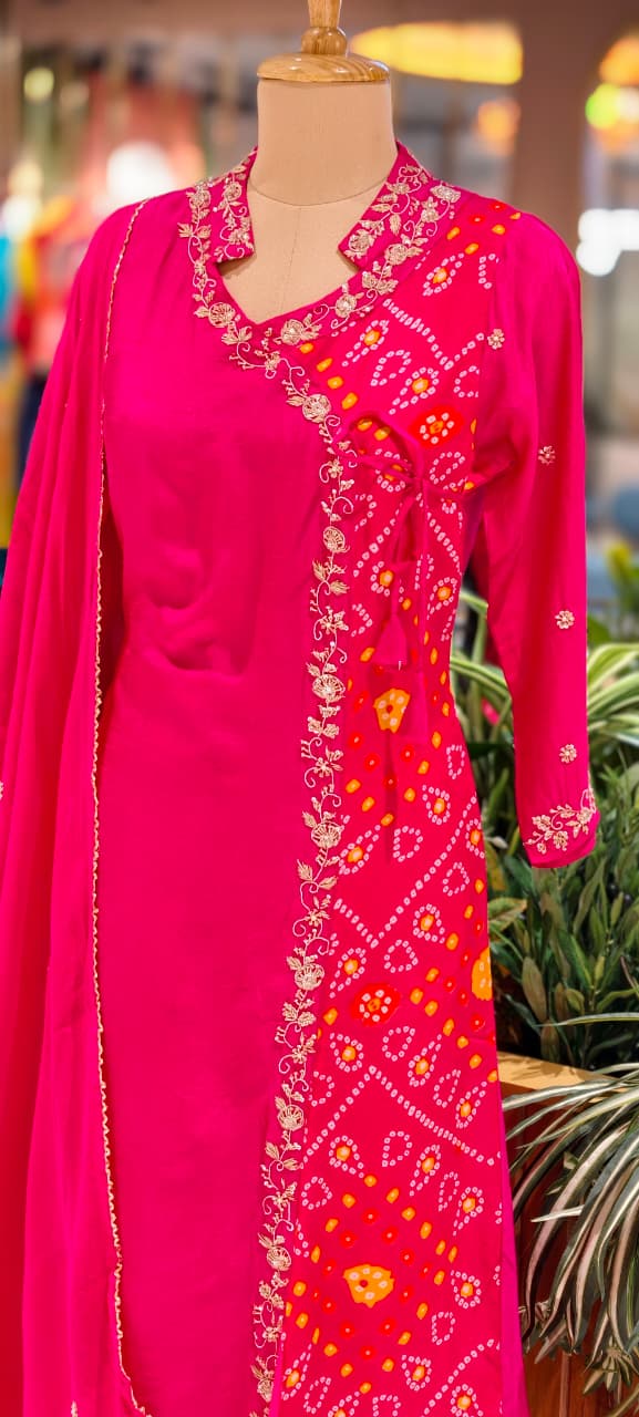 Dola Silk Rani Pink Ethnic Suit Set With Floral Embroidered Neckline Bhandhani Print Angrakha Pattern Full Suit Set 13854