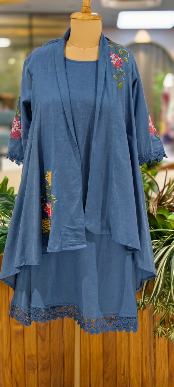 Stylish Denim Style Blue Cotton Indowestern Kurti with Embroidered Jacket and Intricate lace Hemline 13850