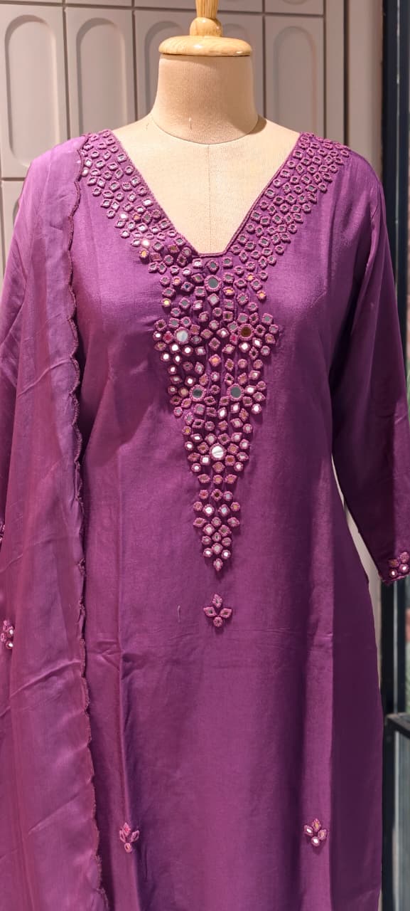 Royal Solid Shade Dola Silk Mirror Embroidered Aline Full Suit Set 13807