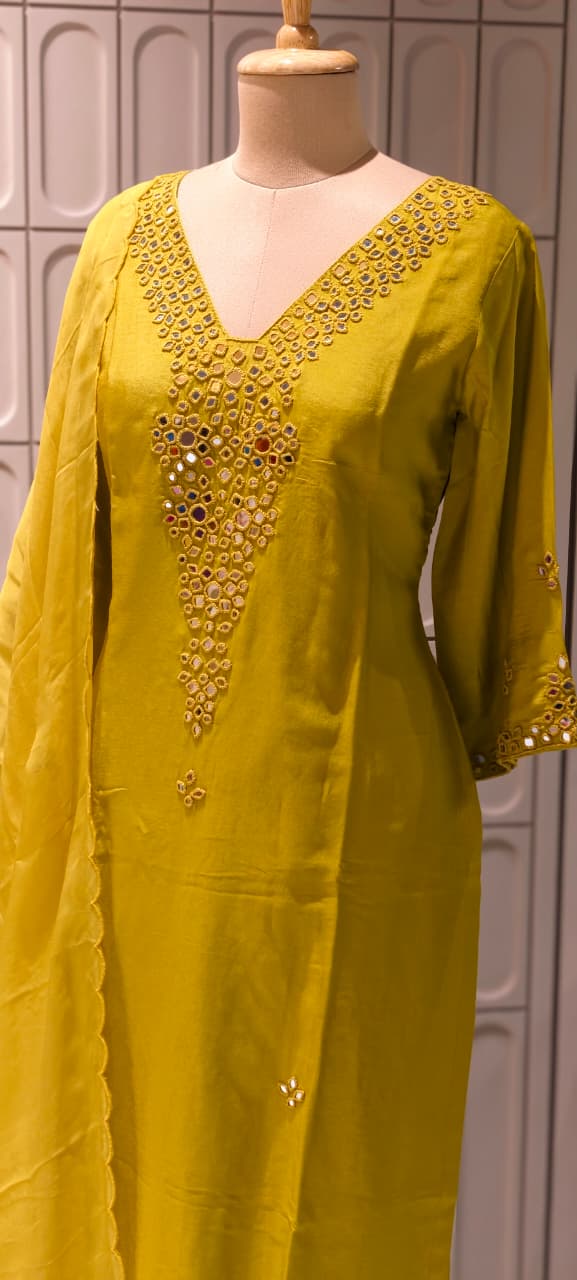 Royal Solid Shade Dola Silk Mirror Embroidered Aline Full Suit Set 13807