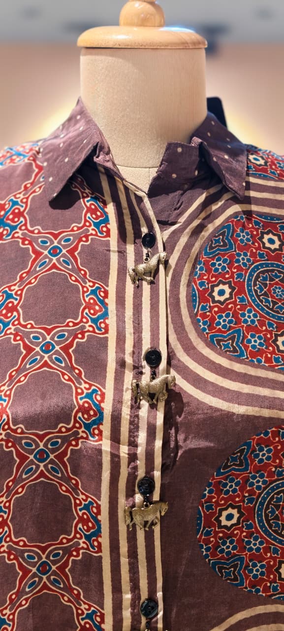 Elegant Ethnic Print Crepe Shirt with Statement Collar and Artistic Pattern-13862