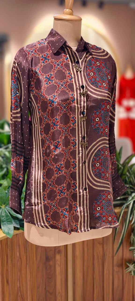 Elegant Ethnic Print Crepe Shirt with Statement Collar and Artistic Pattern-13862