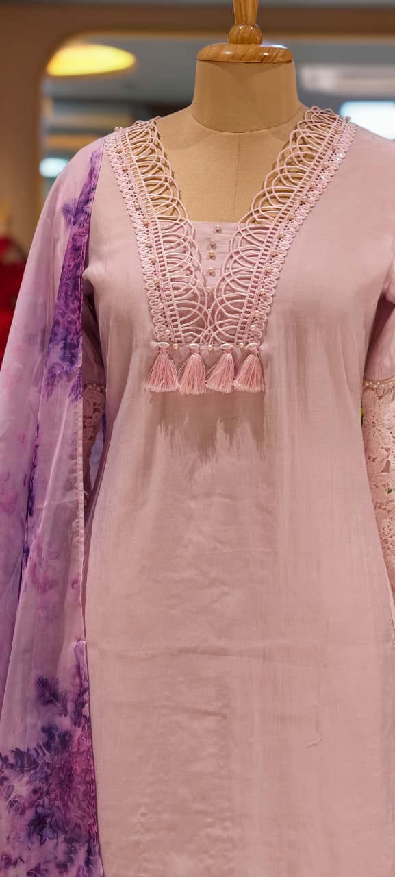 Muslin Fabric Pakistani Style Purple Shade Lace Work Flare Sleeves Short Kurta Full Suit With Dupatta Set-13834