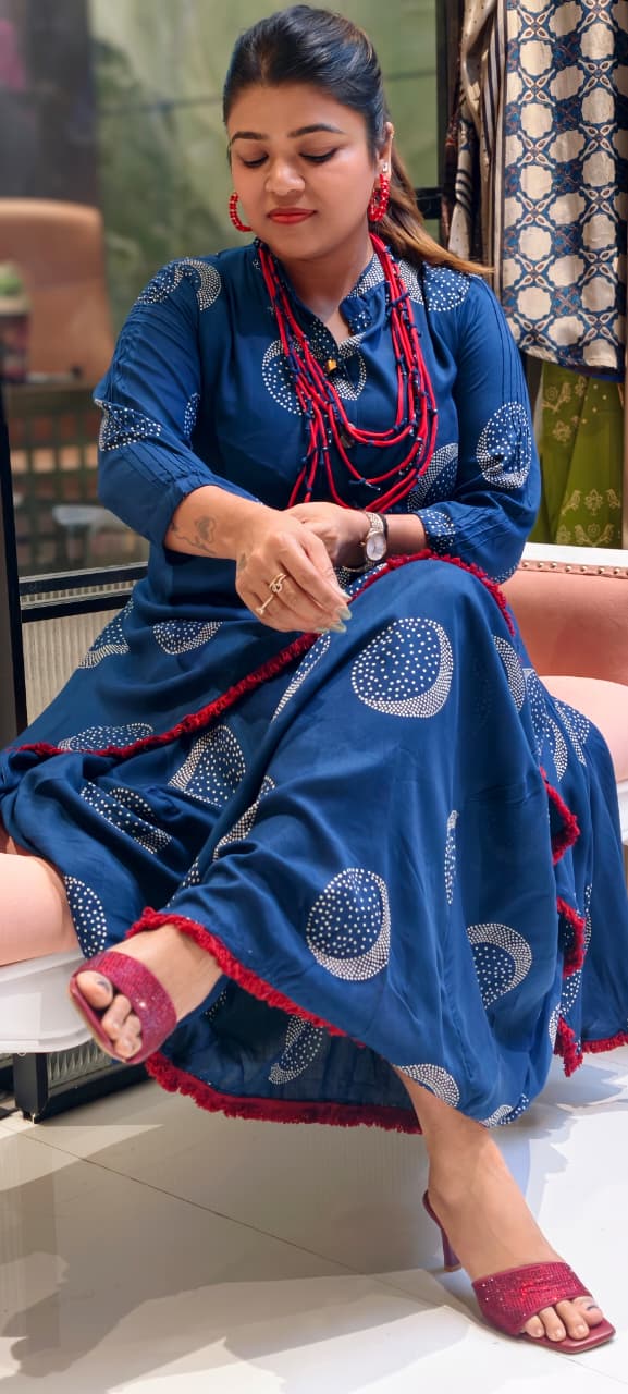 Boho Chic Co-ord-Indo-Western Hi-Low Frock with Cowl style attached & Statement Neck piece slub cotton fabric-13888