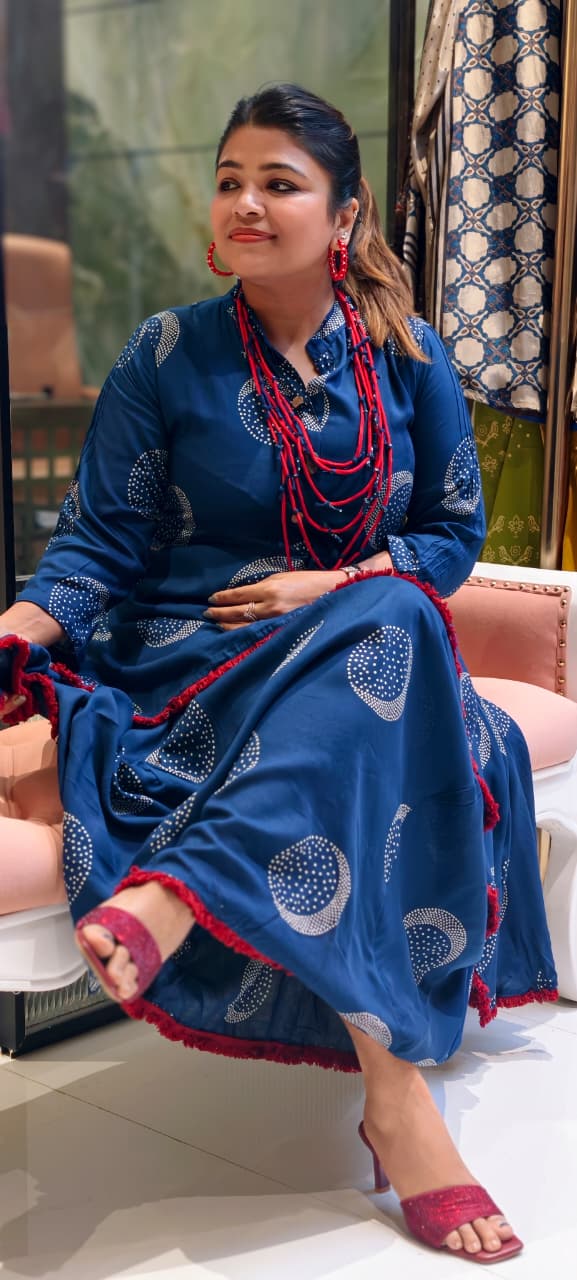 Boho Chic Co-ord-Indo-Western Hi-Low Frock with Cowl style attached & Statement Neck piece slub cotton fabric-13888