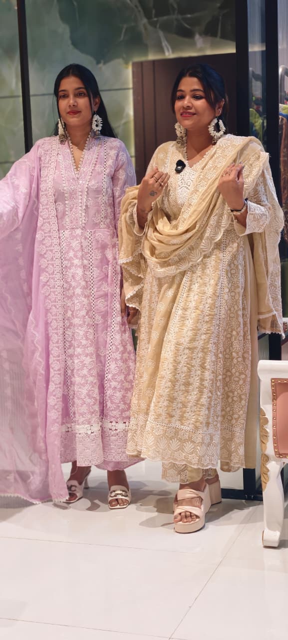 Elegant Mall Cotton Chikankari Kurta Set with Straight Pants & Embroidered Dupatta-13892 RB135