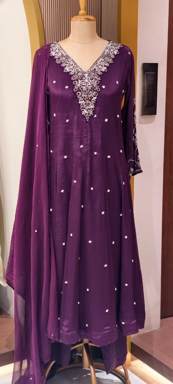 Beautiful Hand Embroidered Pannel Anarkali in Chinon Fabric Full Set-13887