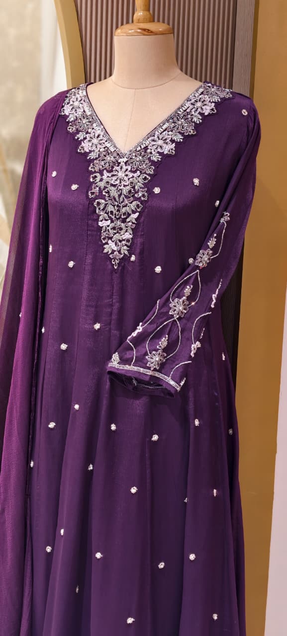 Beautiful Hand Embroidered Pannel Anarkali in Chinon Fabric Full Set-13887