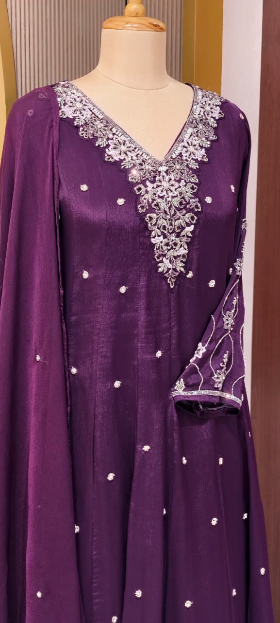 Beautiful Hand Embroidered Pannel Anarkali in Chinon Fabric Full Set-13887