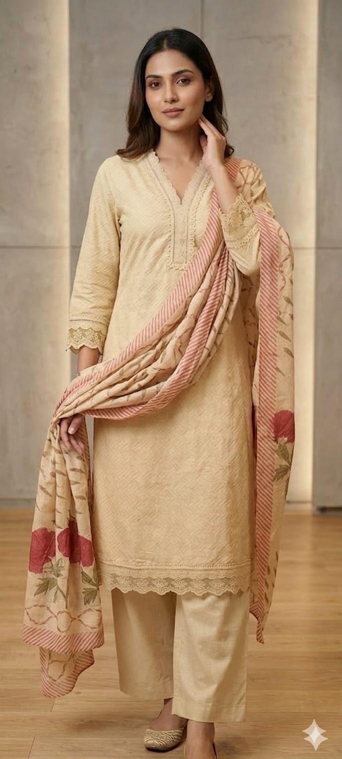 Elegant Straight Graceful Cotton Full Suit Set with Printed Dupatta & Lace Detailing- 14833 RB490