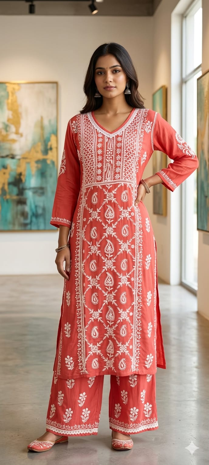 Beautiful Muslin Fabric without Lining Lucknowi style kurta pant set with Intricate White Thread Embroidery -13947