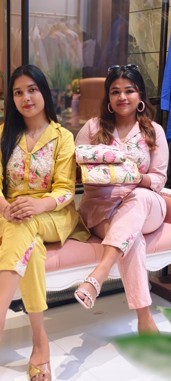 Beautiful Premium Cotton kurta pant set floral printed and embellished front panel-13932