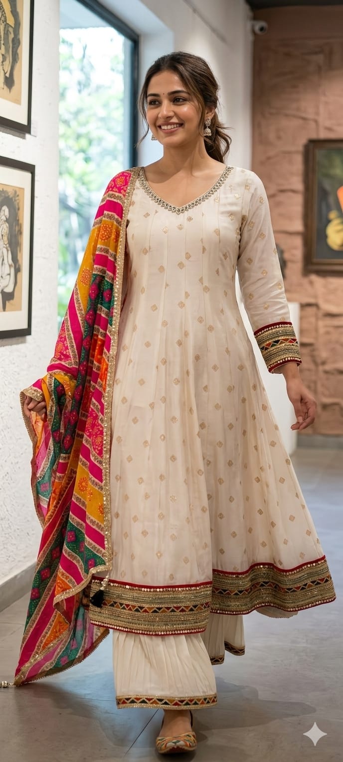 Graceful Ivory Anarkali Kurta Set with Multicolor Bandhani Dupatta Loose Bottom -11350