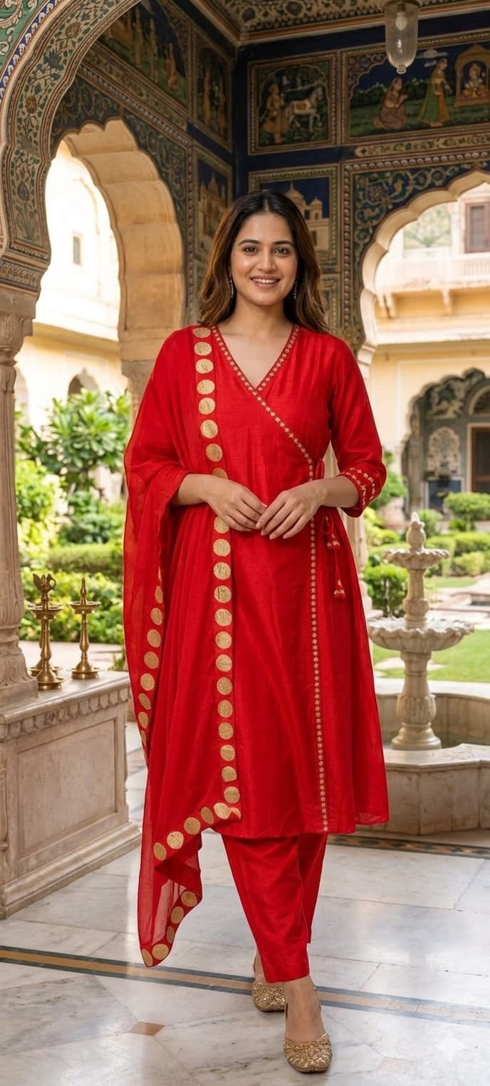 Radiant Red Silk Kurta Set with Gold Foil Detailing Dupatta Angrakha pattern 11977
