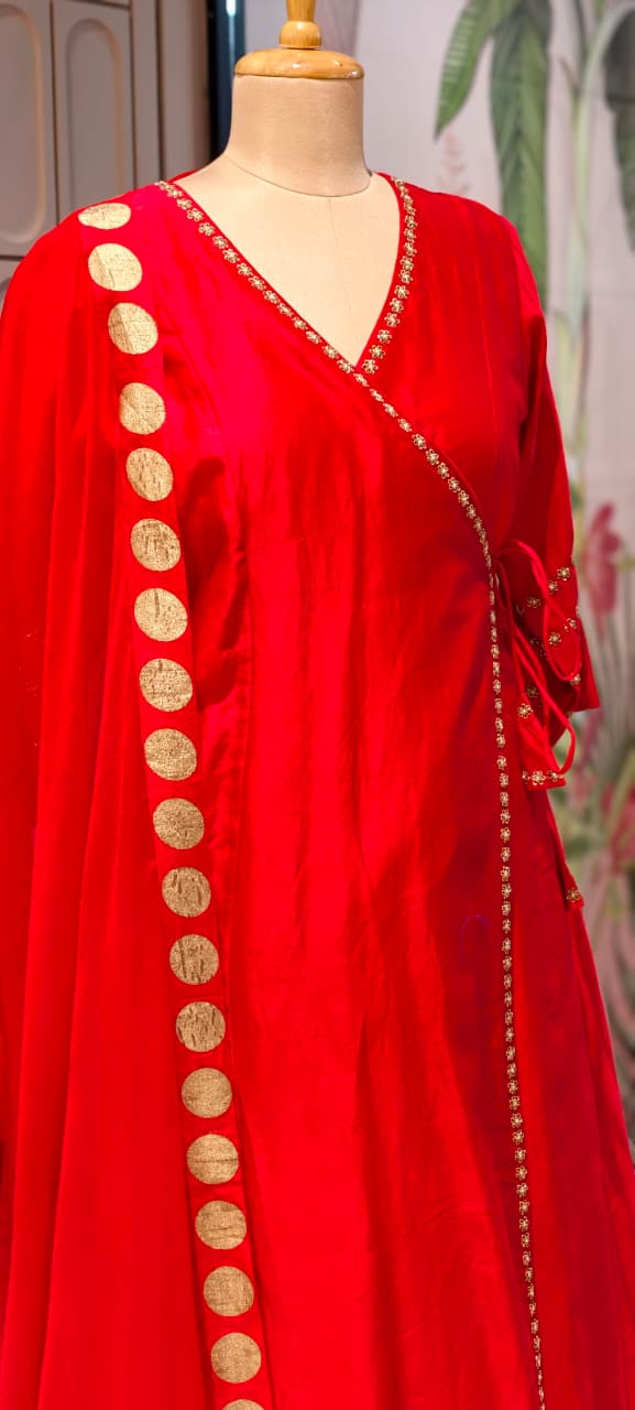 Radiant Red Silk Kurta Set with Gold Foil Detailing Dupatta Angrakha pattern 11977