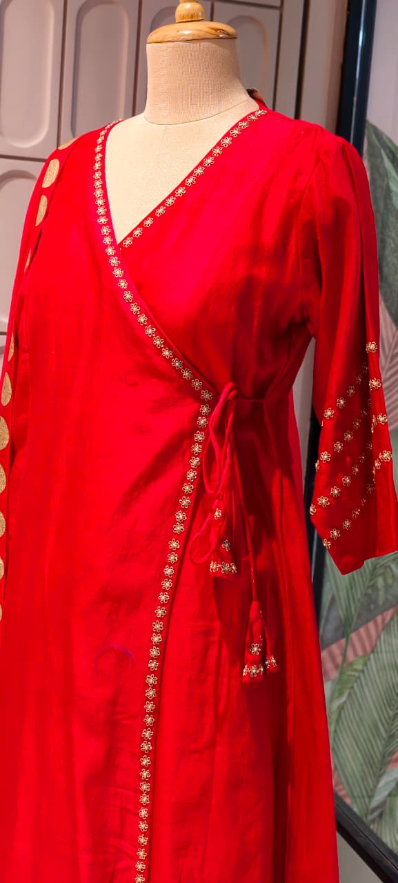 Radiant Red Silk Kurta Set with Gold Foil Detailing Dupatta Angrakha pattern 11977