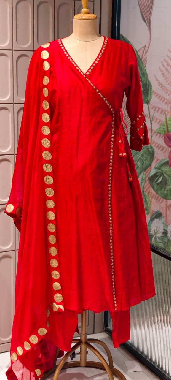 Radiant Red Silk Kurta Set with Gold Foil Detailing Dupatta Angrakha pattern 11977