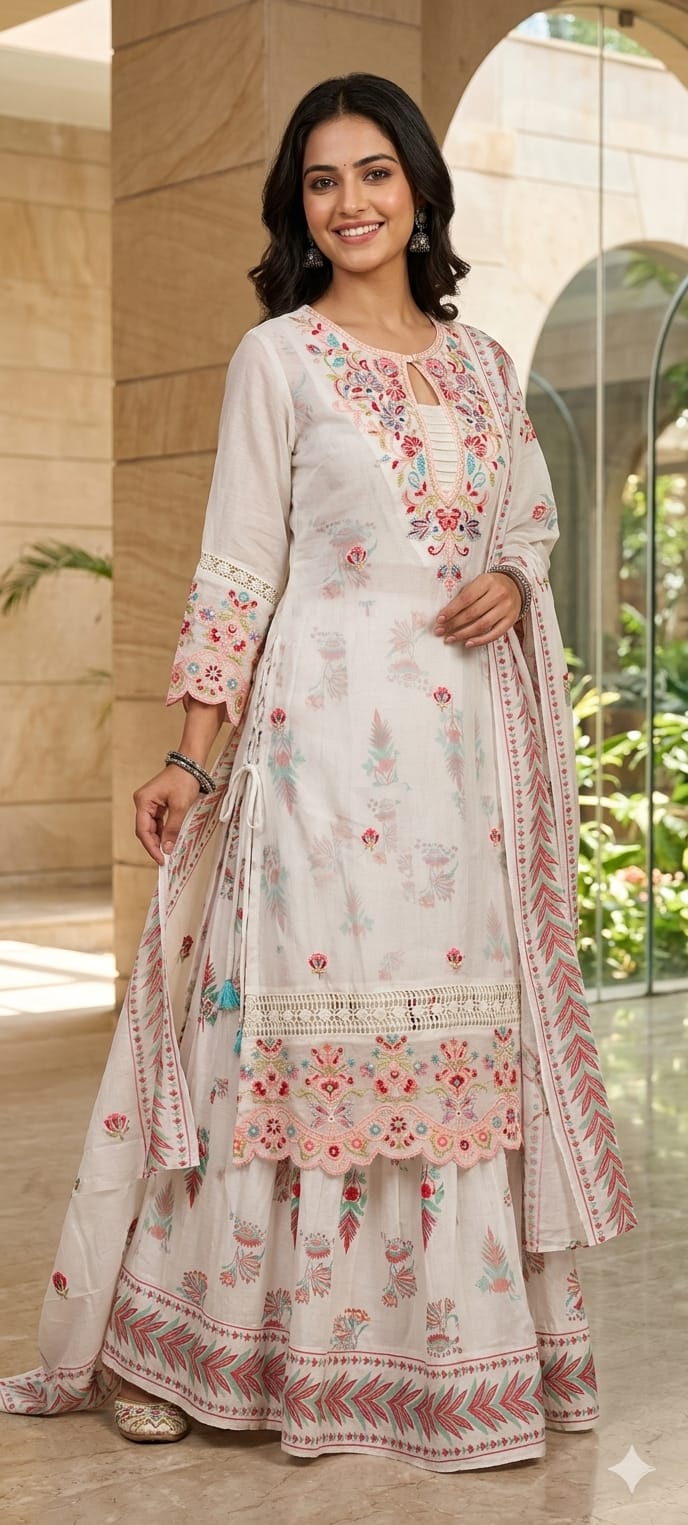 Elegant Floral Embellished Premium Double Layer Organza Gown with Cotton Inner & Embroidered Dupatta 13960 RB10