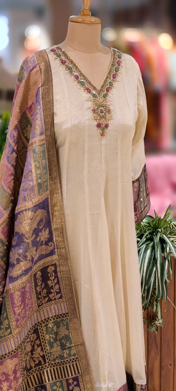 Anarkali Elegant Ivory Chanderi Kurta Set with Banarasi Dupatta