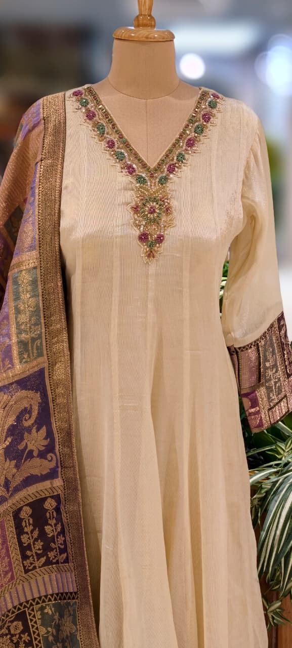 Anarkali Elegant Ivory Chanderi Kurta Set with Banarasi Dupatta