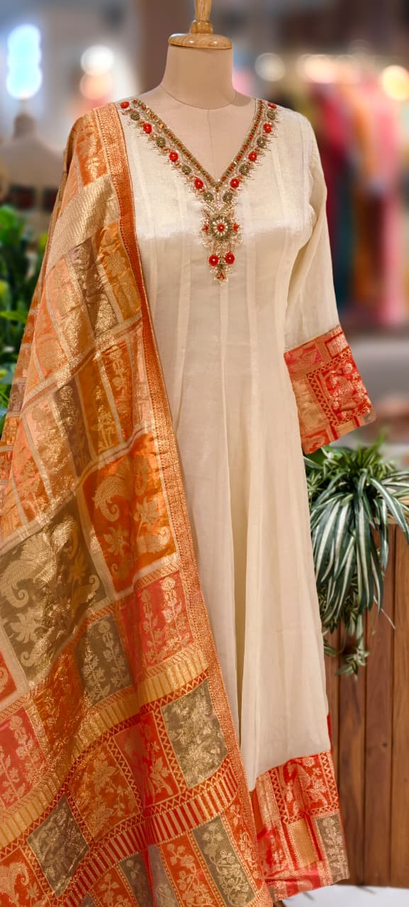 Anarkali Elegant Ivory Chanderi Kurta Set with Banarasi Dupatta