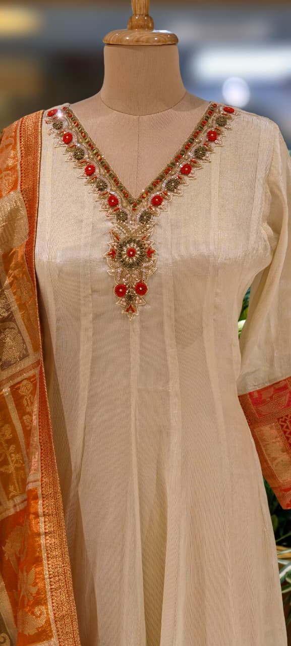 Anarkali Elegant Ivory Chanderi Kurta Set with Banarasi Dupatta