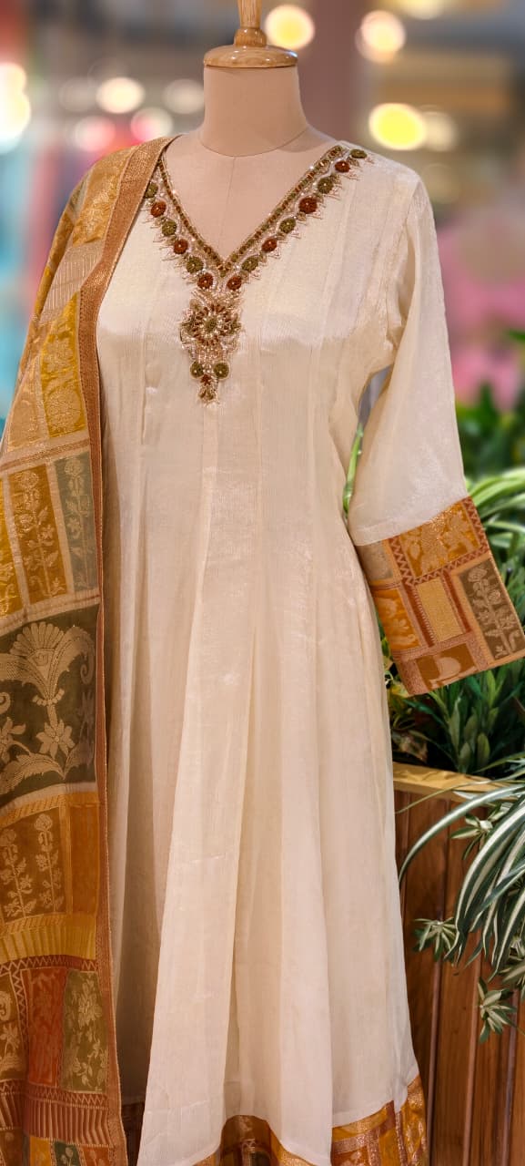 Anarkali Elegant Ivory Chanderi Kurta Set with Banarasi Dupatta