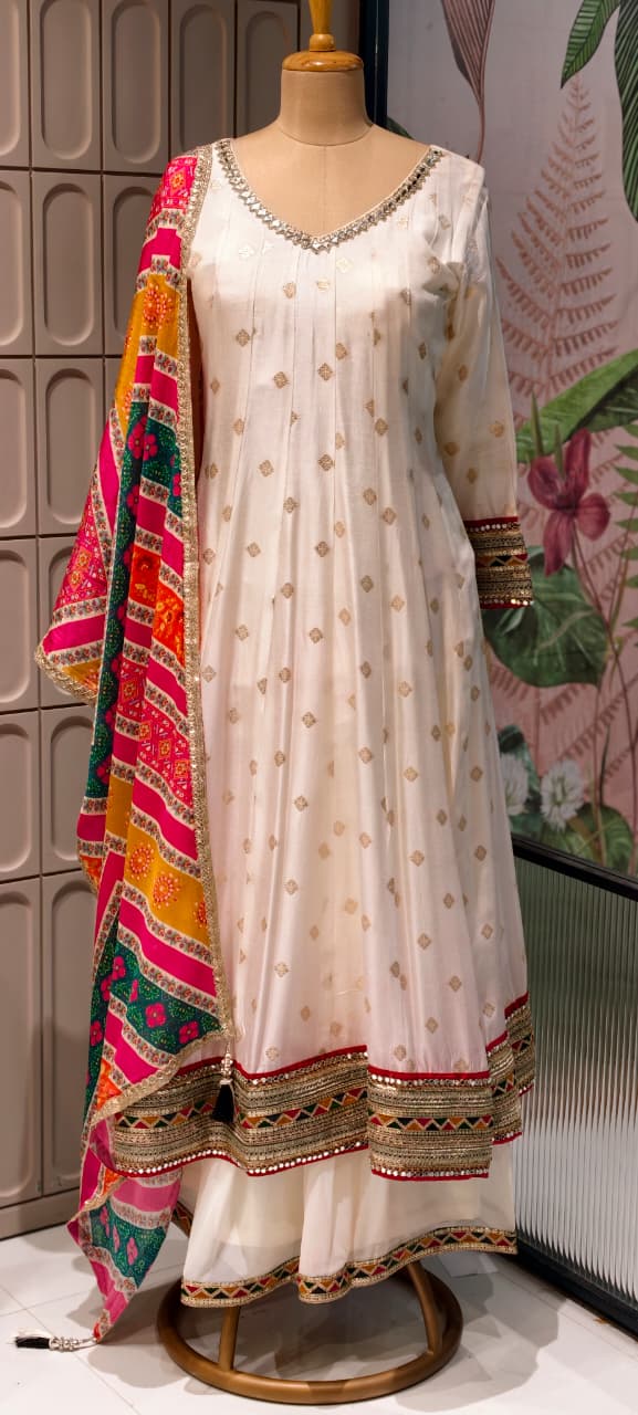 Graceful Ivory Anarkali Kurta Set with Multicolor Bandhani Dupatta Loose Bottom -11350