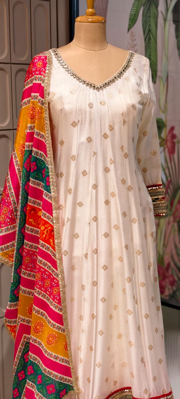 Graceful Ivory Anarkali Kurta Set with Multicolor Bandhani Dupatta Loose Bottom -11350