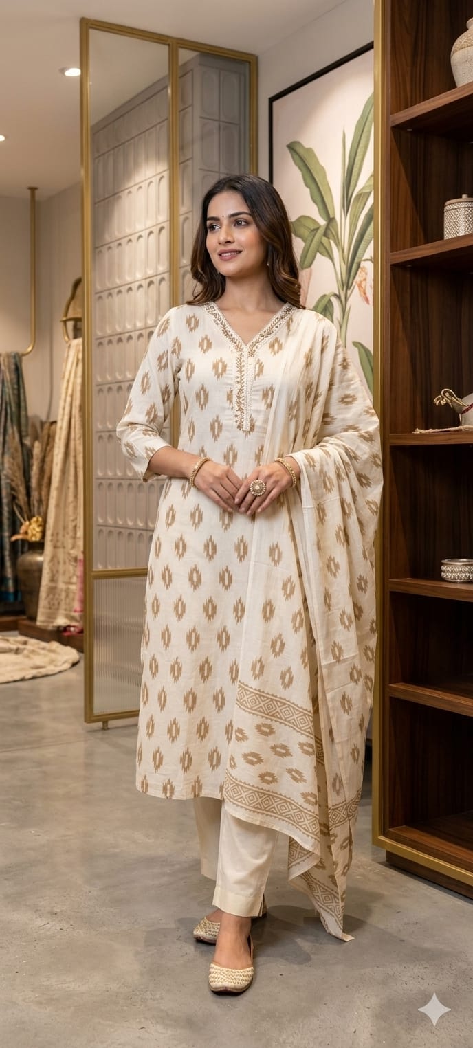 Soft Breathable Ethnic Suit with Ikat Inspired Motifs for Summer Special Cotton Full Suit Set 13965-RB15