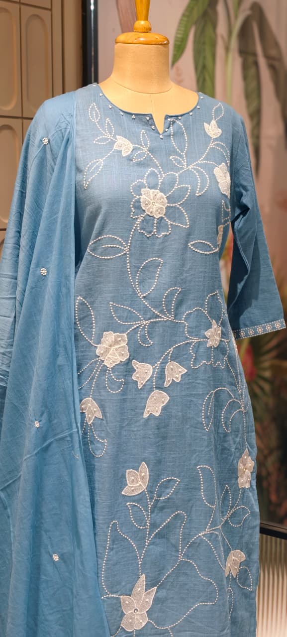 Delicate white floral Premium Hand-Embroidered Cotton Kurta Set with Scalloped Neckline-13940