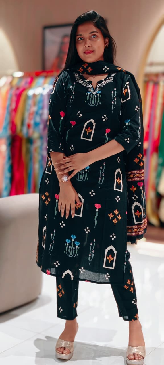 Jharokha-inspiredprints 3-Piece Cotton Suit Set-13571