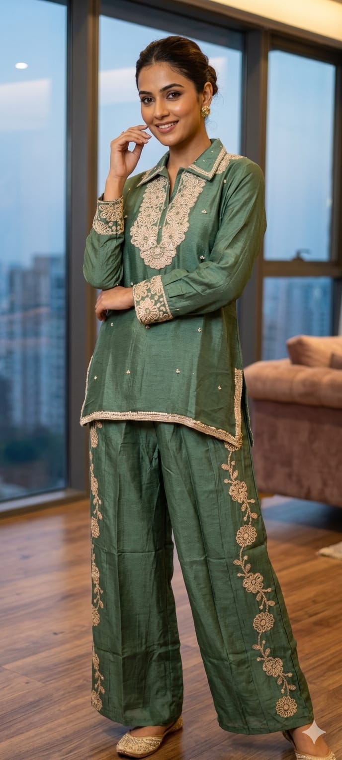 Designer Shirt Style Kurta Luxury Chinon Fabric Co-Ord Set with Intricate Embroidery 13996 RB07