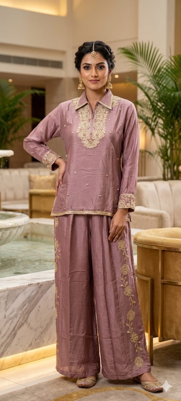 Designer Shirt Style Kurta Luxury Chinon Fabric Co-Ord Set with Intricate Embroidery 13996 RB07