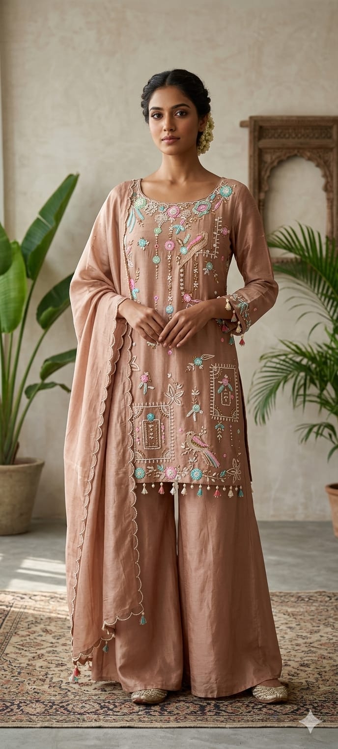 Designer Embroidered Kurti with Sharara Set & Dupatta Thread Work Ethnic Ensemble with Tassel Russian Silk Fabric-13908 RB11