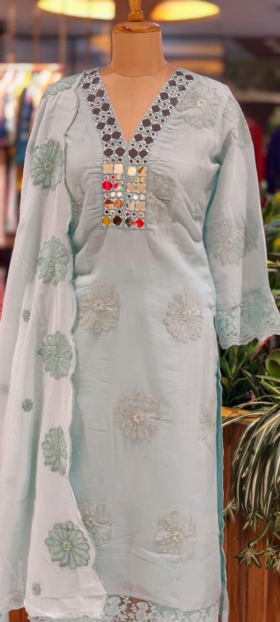 Lean Fit Summer Cotton Full Suit With Mirror Work Embroidery Mulchanderi fabric with Mulcotton Dupatta 14019 RB08