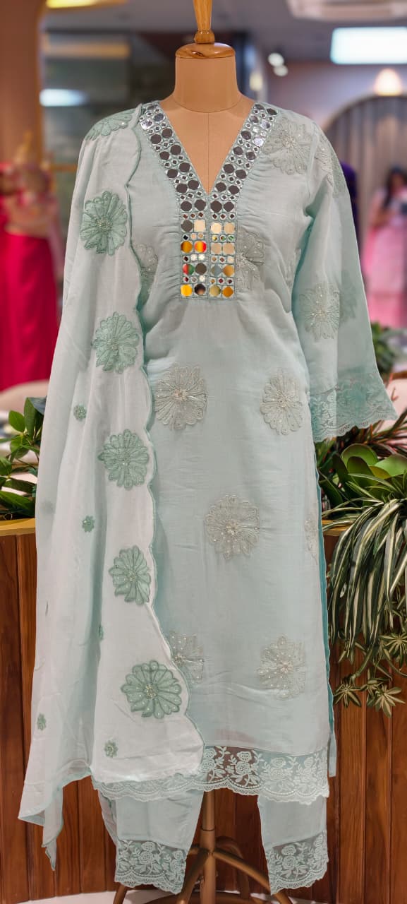 Lean Fit Summer Cotton Full Suit With Mirror Work Embroidery Mulchanderi fabric with Mulcotton Dupatta 14019 RB08