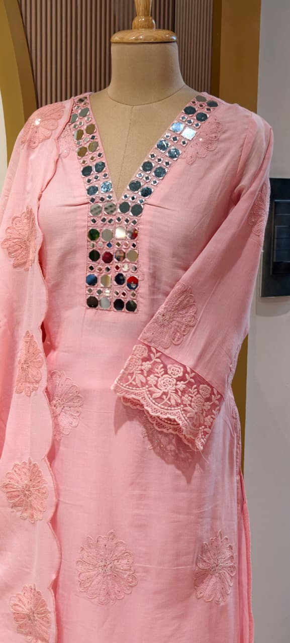 Lean Fit Summer Cotton Full Suit With Mirror Work Embroidery Mulchanderi fabric with Mulcotton Dupatta 14019 RB08