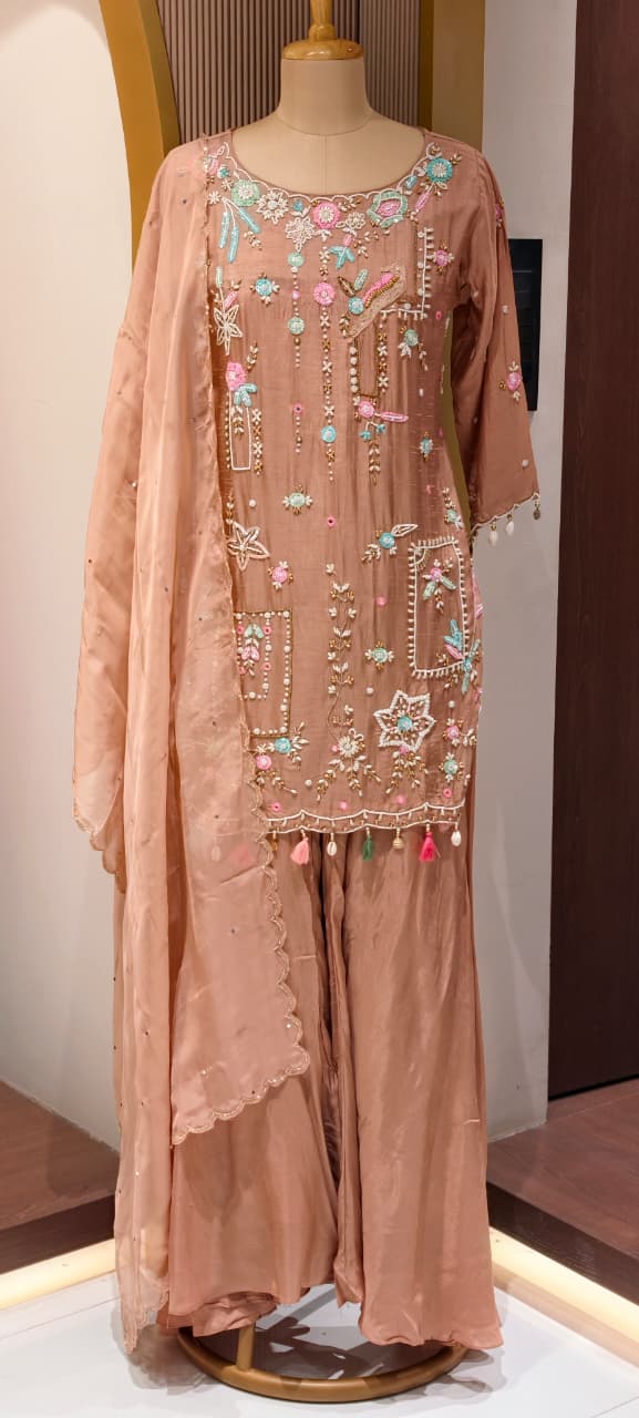 Designer Embroidered Kurti with Sharara Set & Dupatta Thread Work Ethnic Ensemble with Tassel Russian Silk Fabric-13908 RB11