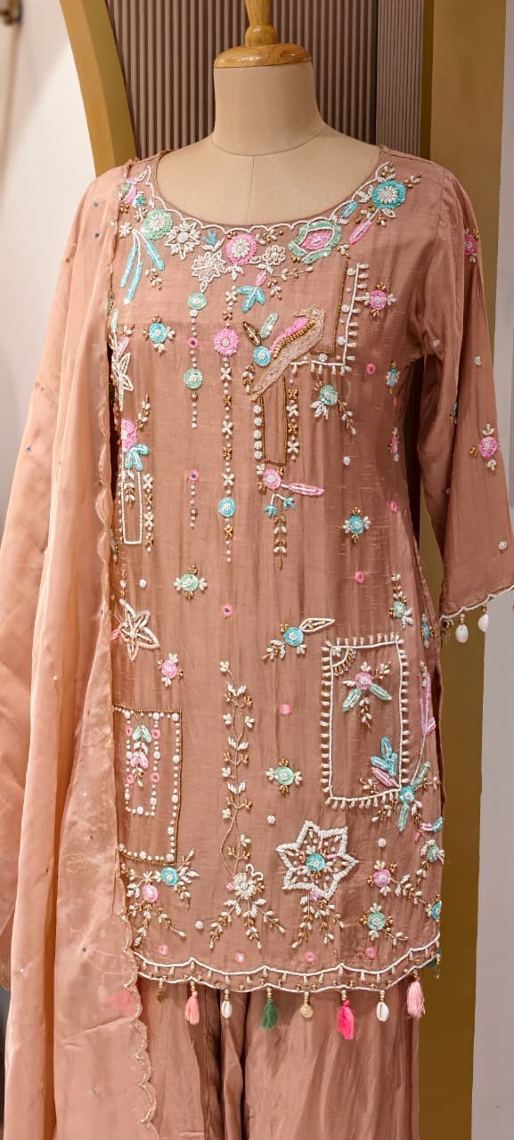 Designer Embroidered Kurti with Sharara Set & Dupatta Thread Work Ethnic Ensemble with Tassel Russian Silk Fabric-13908 RB11