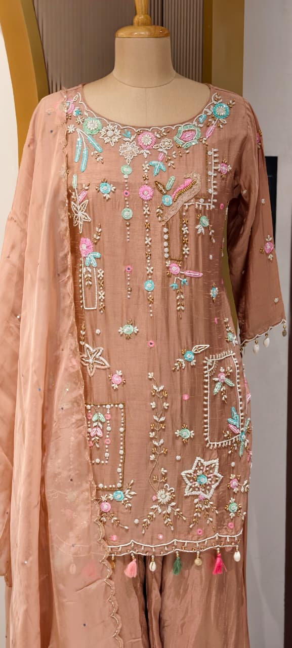 Designer Embroidered Kurti with Sharara Set & Dupatta Thread Work Ethnic Ensemble with Tassel Russian Silk Fabric-13908 RB11