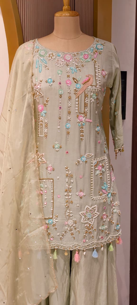 Designer Embroidered Kurti with Sharara Set & Dupatta Thread Work Ethnic Ensemble with Tassel Russian Silk Fabric-13908 RB11