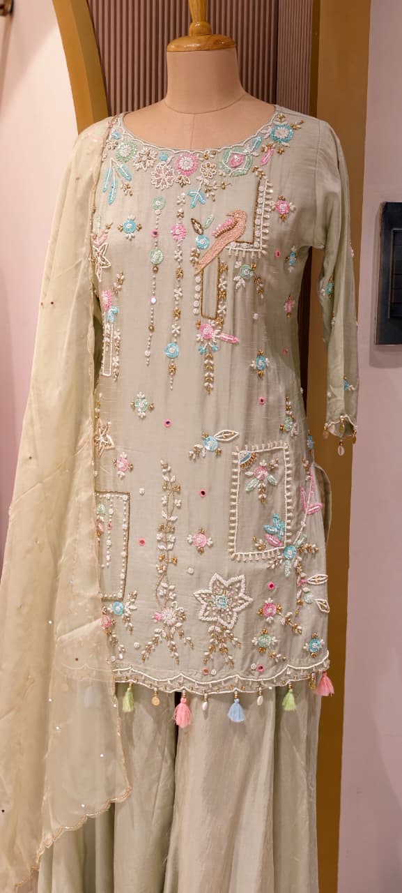 Designer Embroidered Kurti with Sharara Set & Dupatta Thread Work Ethnic Ensemble with Tassel Russian Silk Fabric-13908 RB11