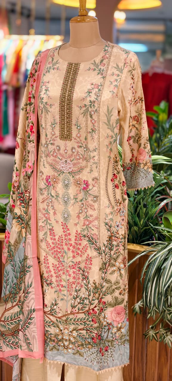 Elegant Muslin Floral Printed Kurta Set with Intricate Embellished Detailing Soft Luxury Ethnic Wear 13992 RB12