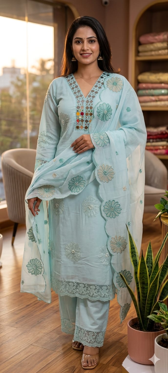 Lean Fit Summer Cotton Full Suit With Mirror Work Embroidery Mulchanderi fabric with Mulcotton Dupatta 14019 RB08